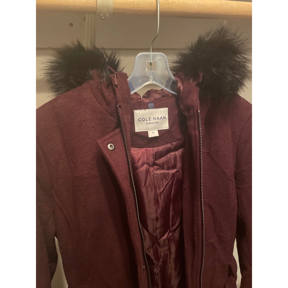 Cole Haan Signature Womens Burgundy Wool Blend Faux Fur Hooded Coat Size 12 - Picture 2 of 5